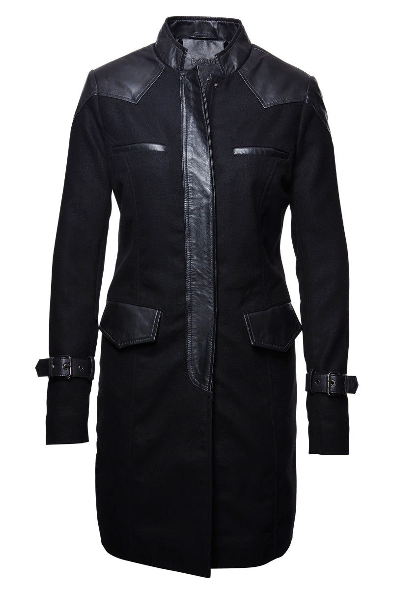 Proud Damen Mantel Cortis mit Wolle und Lamm Nappa Leder schwarz