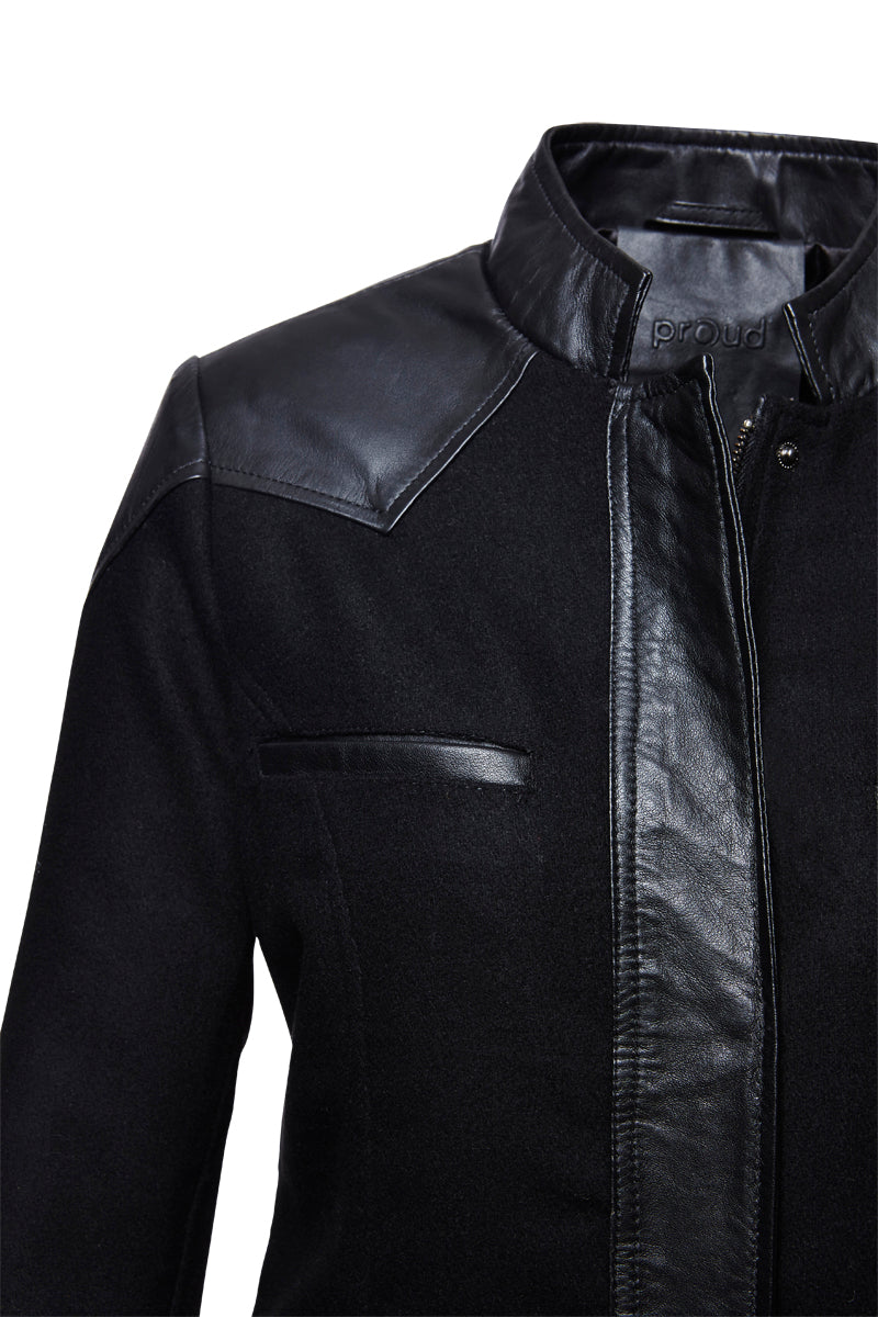 Proud Damen Mantel Cortis mit Wolle und Lamm Nappa Leder schwarz