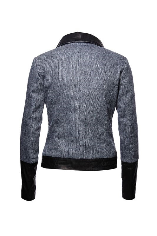 Damen Jacke Wolle im Fischgratmuster mit Leder Ledajacket schwarz