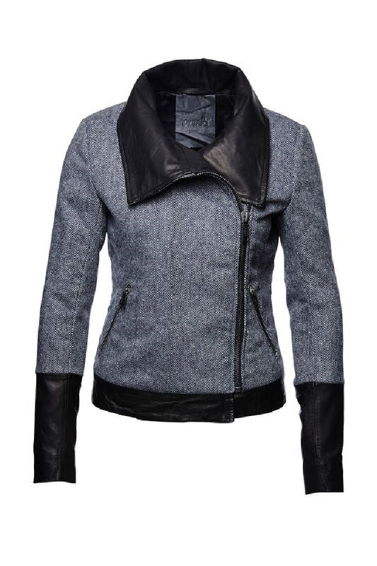 Damen Jacke Wolle im Fischgratmuster mit Leder Ledajacket  schwarz