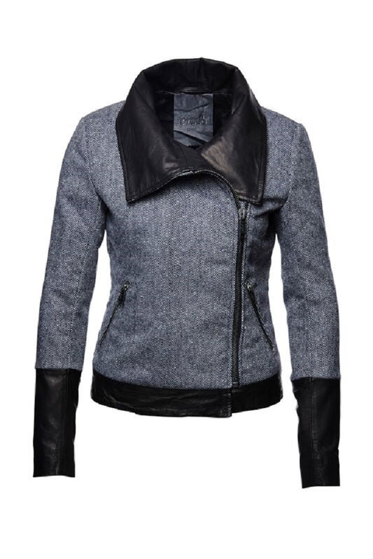 Damen Jacke Wolle im Fischgratmuster mit Leder Ledajacket schwarz