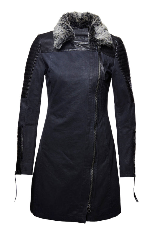 Proud Damen Mantel Romanov Twill mit Twill und Lamm Nappa Leder schwarz