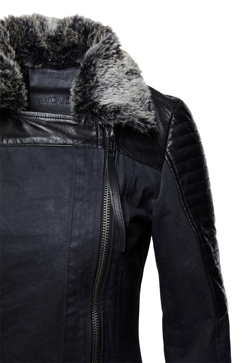 Proud Damen Mantel Romanov Twill mit Twill und Lamm Nappa Leder schwarz