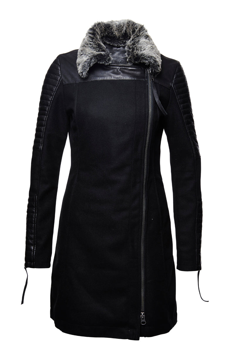 Proud Mantel Romanov mit Wolle und Lamm Nappa Leder schwarz