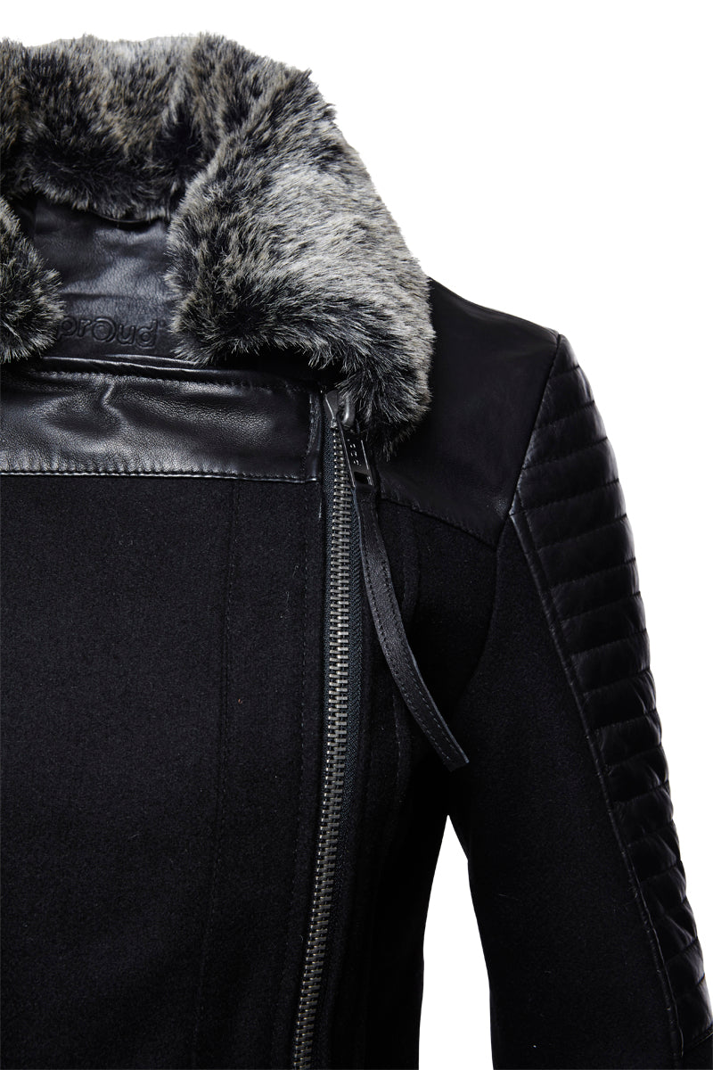 Proud Mantel Romanov mit Wolle und Lamm Nappa Leder schwarz