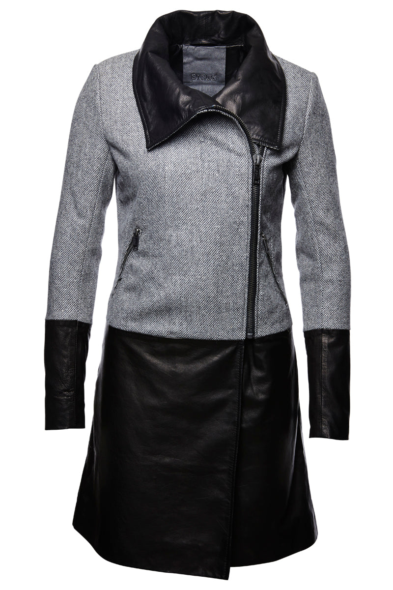 Damen Mantel Wolle im Fischgratmuster mit Leder Leda  schwarz
